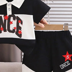 Boys Black Typographic Polo T-Shirt With Elasticated Shorts Sets