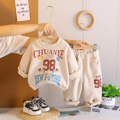 Boys Beige Alphanumeric Printed sweatshirt With Jogger Sets