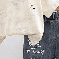 Boys Beige Typographic Print T-Shirt With Distressed Denim Shorts Set