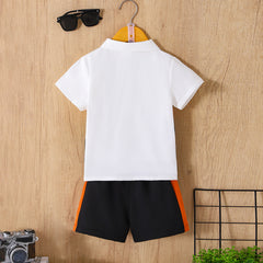 Boys Black Short Sleeve Color-blocked Shirt With Elasticated Shorts Set