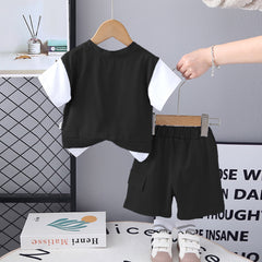 Boys Black Colorblocked Typographic Printed T-Shirt With Shorts Set