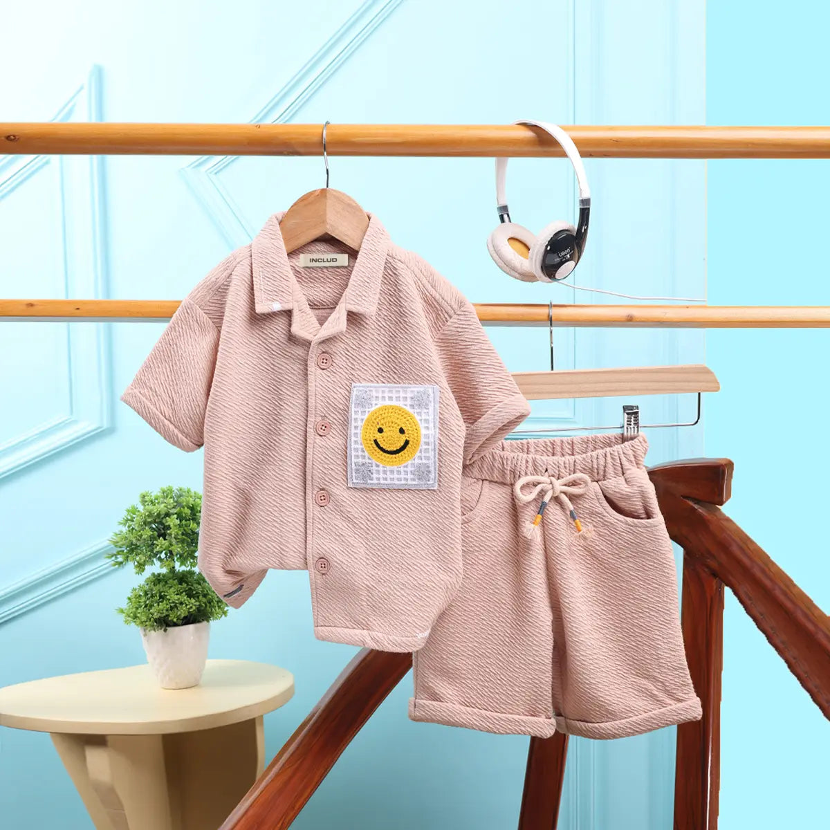 Boys Beige Smiley Printed Short Sleeve Shirt With Elasticated Shorts Sets