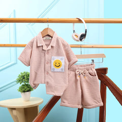 Boys Beige Smiley Printed Short Sleeve Shirt With Elasticated Shorts Sets