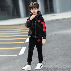 Boys Black Patch Embroidered Hoodie With Sleeveless Jacket & Jogger Sets