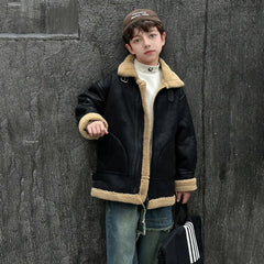 Boys Black Faux Leather Heavy Jacket With Fleece Lining