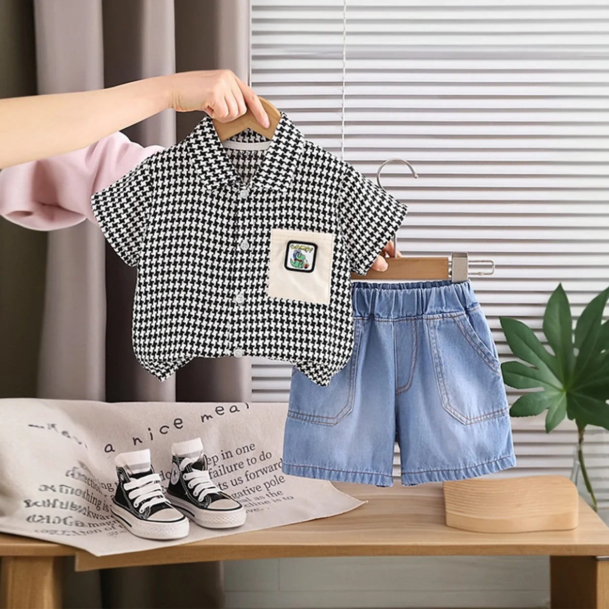 Boys Black Checked Button-Down Shirt With Denim Shorts Set