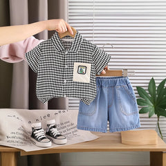 Boys Black Checked Button-Down Shirt With Denim Shorts Set