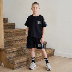 Boys Black Abstract Print Raglan Sleeves T-Shirt With Shorts Co-ord Sets