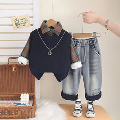 Boys Black Sweater Vest With Checked Shirt & Denim Pant Sets