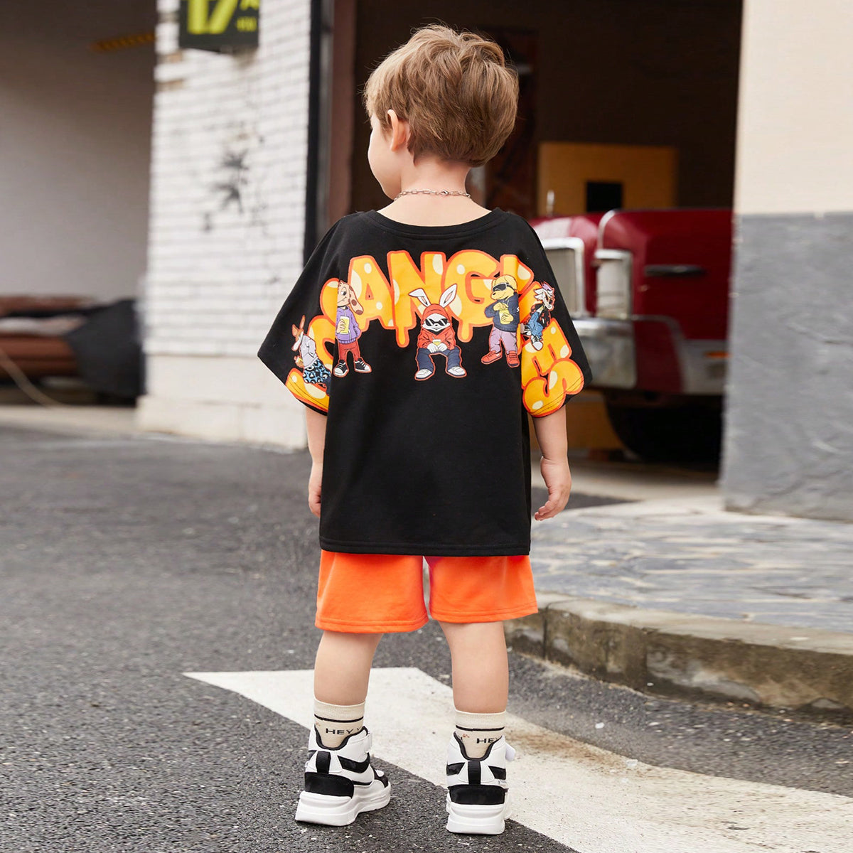 Boys Black Back Typographic Printed T-Shirt With Shorts Set