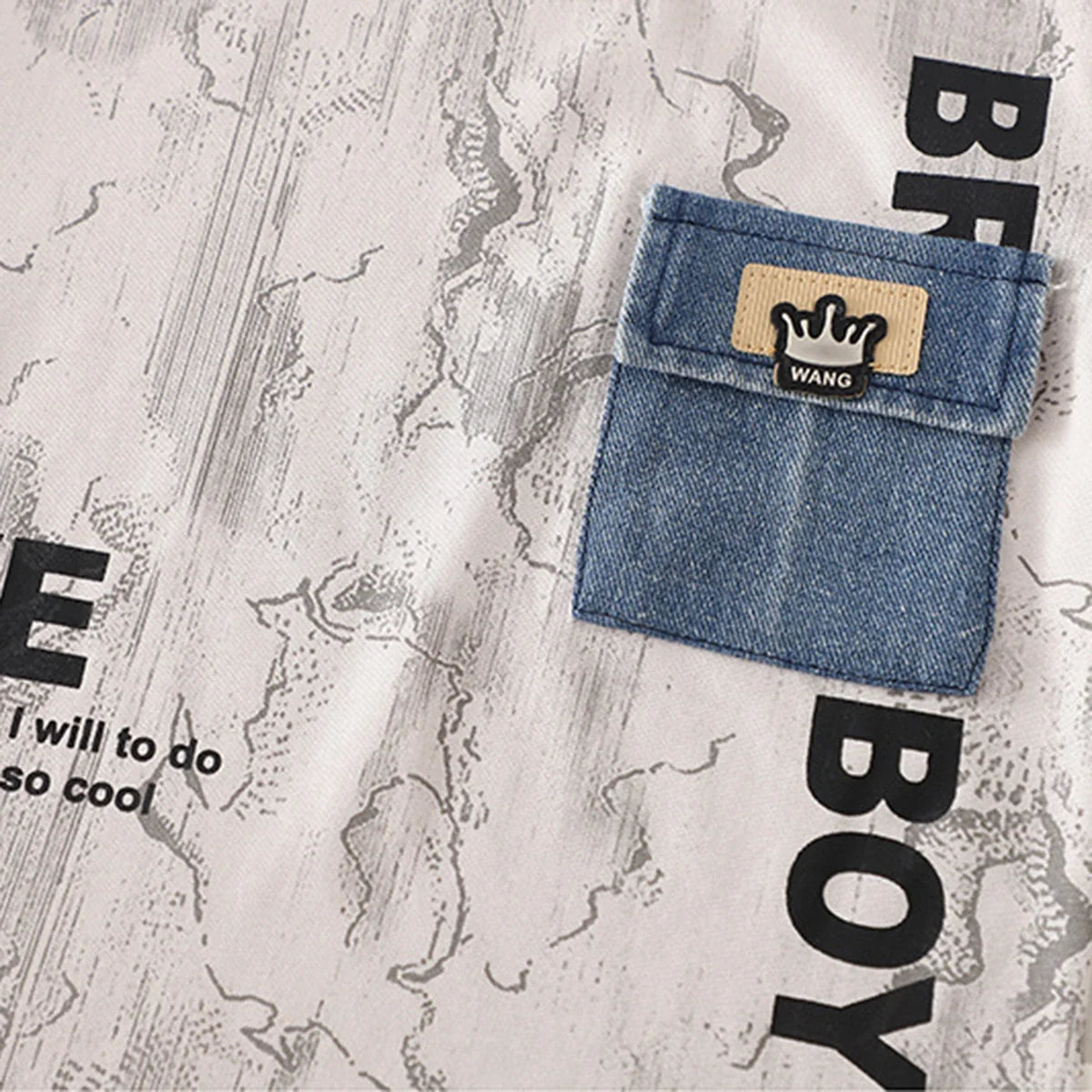 Boys Beige Typographic Printed Short Sleeve T-Shirt With Denim Shorts Sets