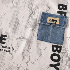 Boys Beige Typographic Printed Short Sleeve T-Shirt With Denim Shorts Sets