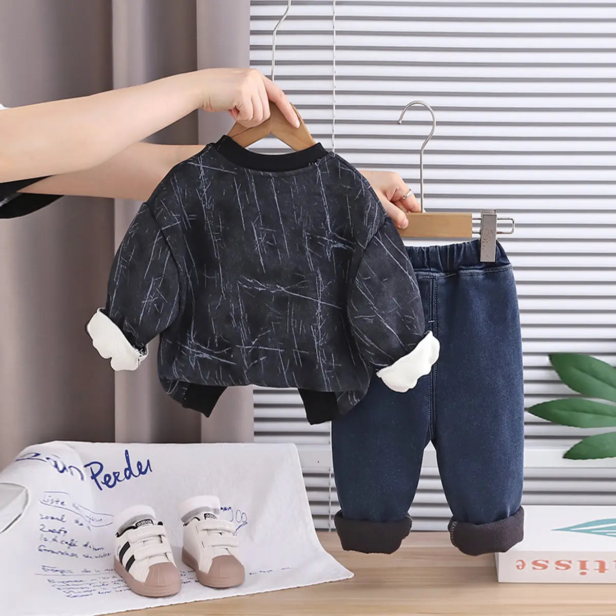 Boys Black Typographic Printed Sweatshirt With Denim Pants Set