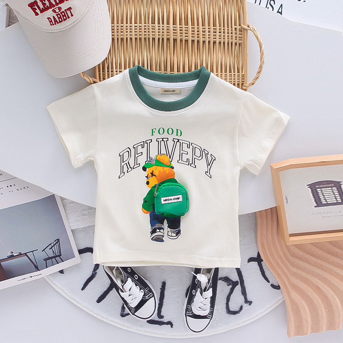 Boys Bag-pack Appliqued T-Shirt With Green Shorts Set