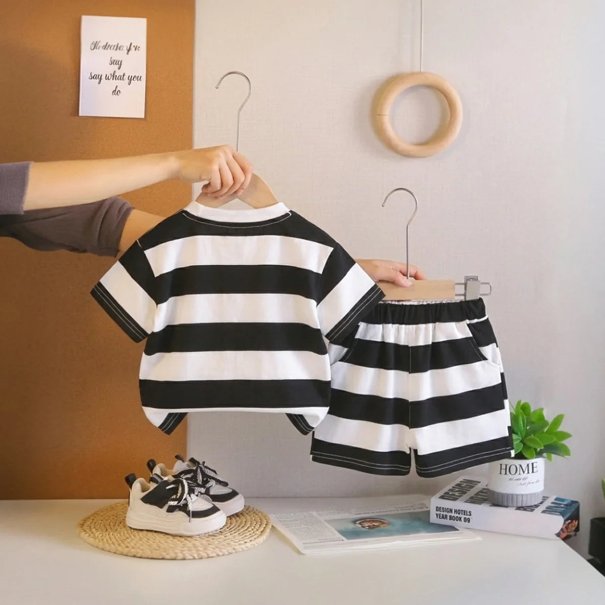 Boys Black Rocket Fries Striped T-Shirt With Elasticated Shorts Sets