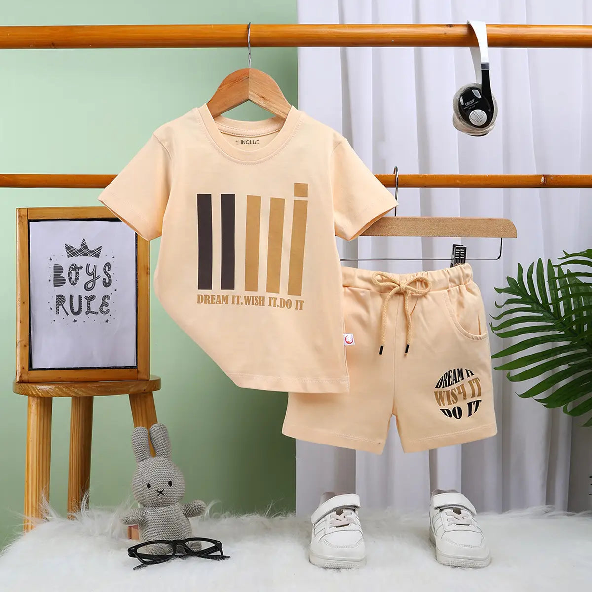 Boys Apricot Graphic Short Sleeves T-Shirt With Drawstring Shorts Sets