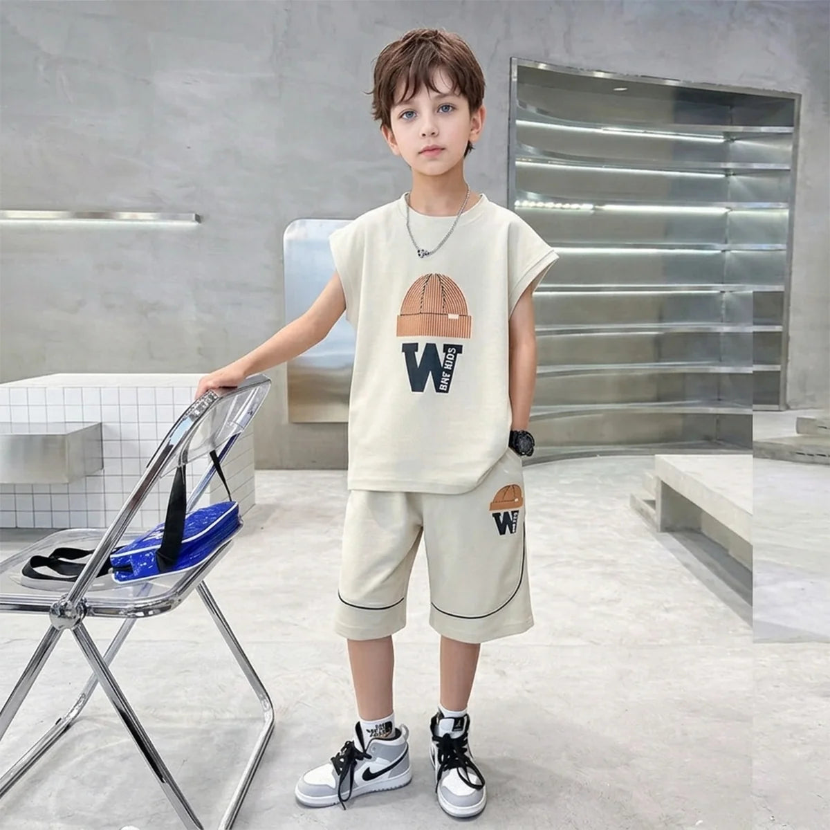 Boys Beige Graphic Sleeveless T-Shirt With Elasticated Long Shorts Sets