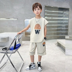 Boys Beige Graphic Sleeveless T-Shirt With Elasticated Long Shorts Sets