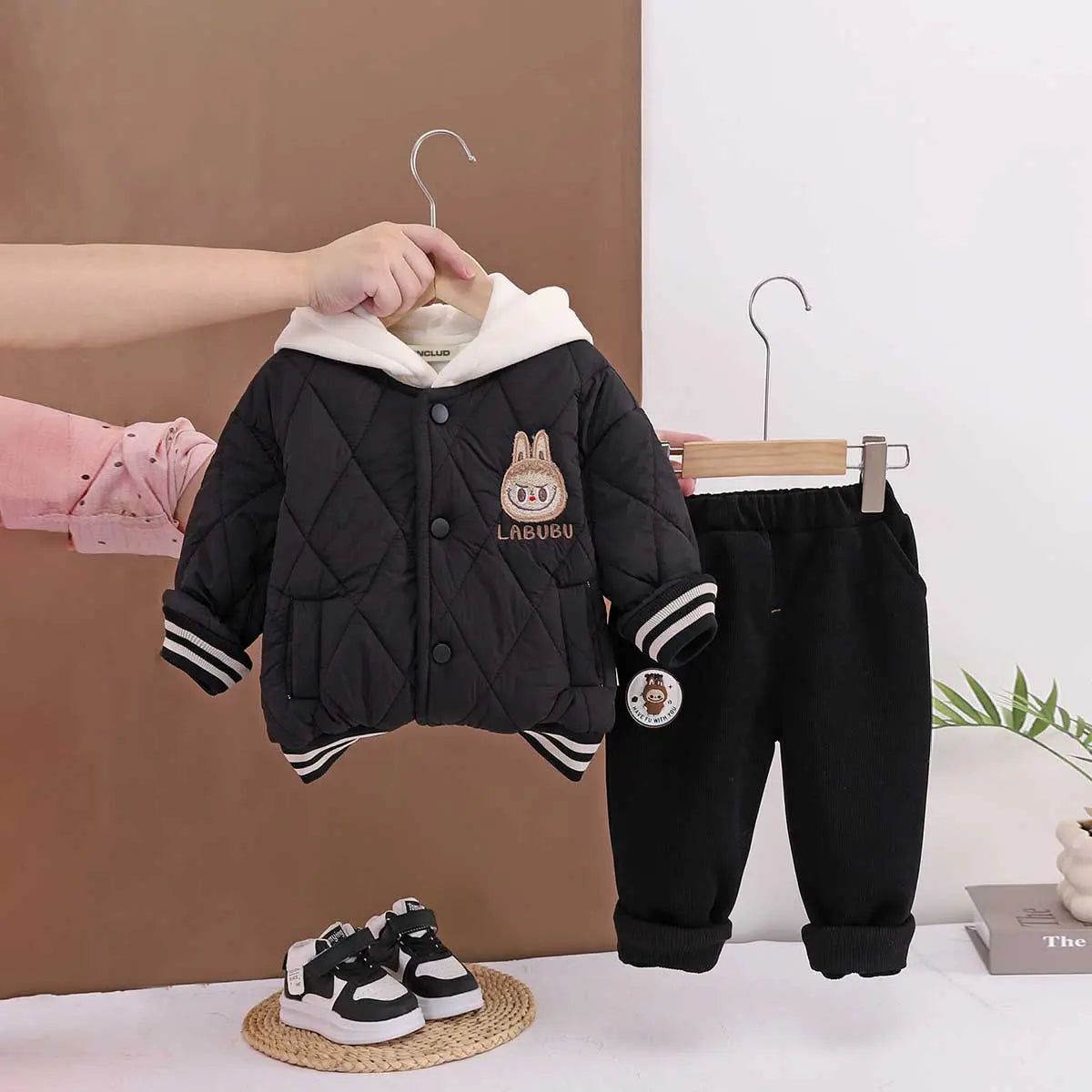 Boys Black Quilted Puffer Hooded Jacket With Jogger Sets
