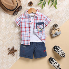 Boys Blue Checked Applique Shirt With Elasticated Shorts Sets