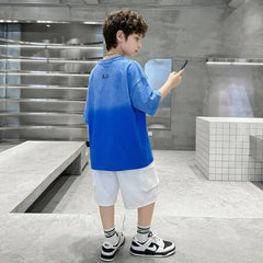Boys Blue Ombre Drop Shoulder T-Shirt With Shorts Sets