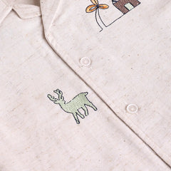 Boys Beige Embroidered Short Sleeve Shirt With Navy Shorts Sets