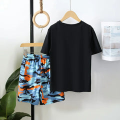 Boys Black Camouflage Printed Short Sleeves T-Shirt & Shorts Swimsuit Sets