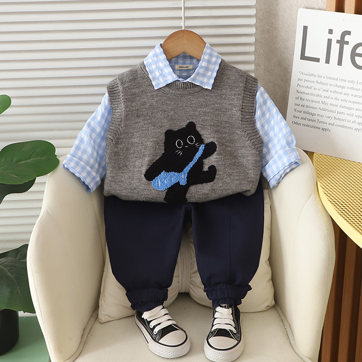 Boys Blue Cat Applique Sweater Vest With Shirt and Pant Set