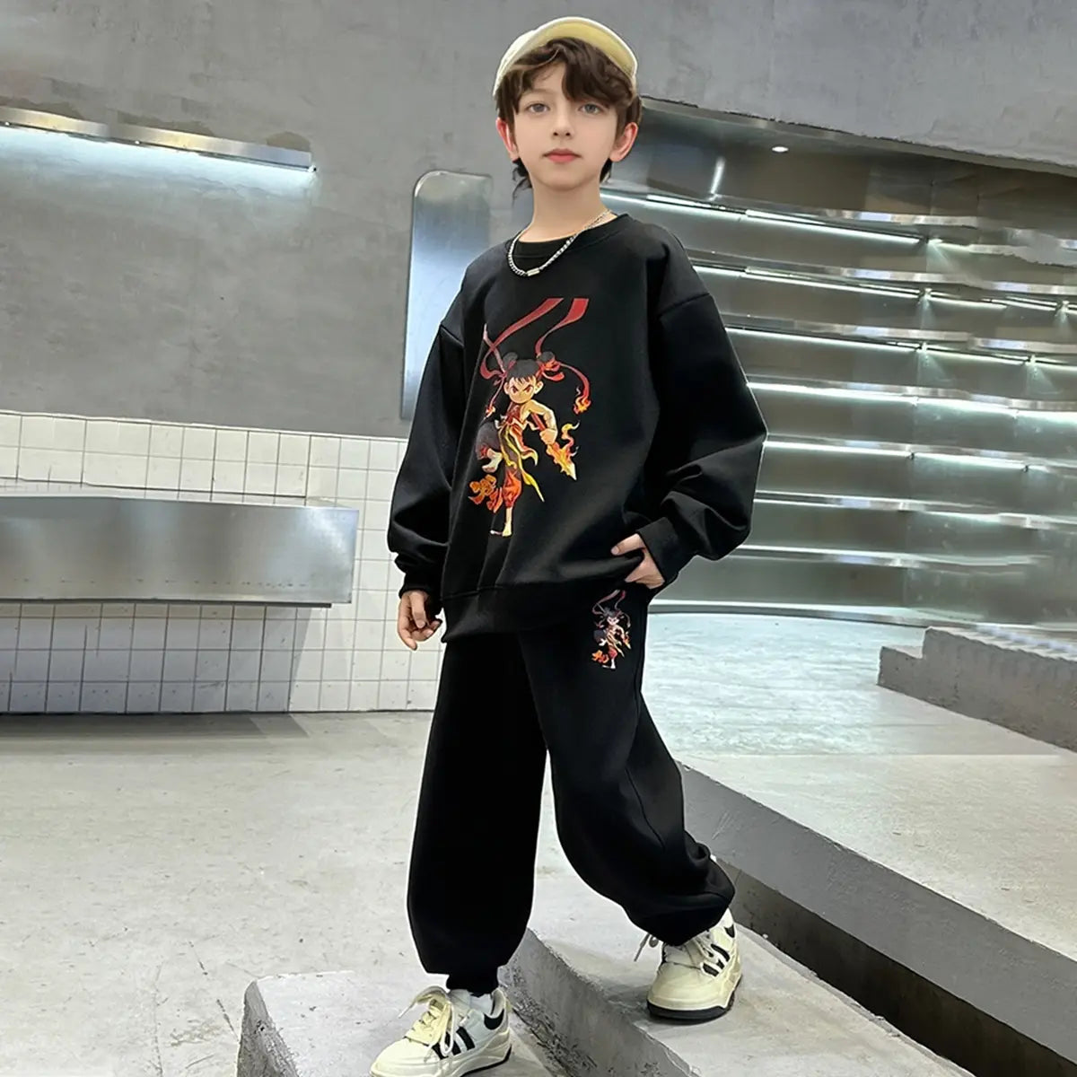 Boys Black Graphics Printed Oversized Sweatshirt With Jogger Co-ord Sets