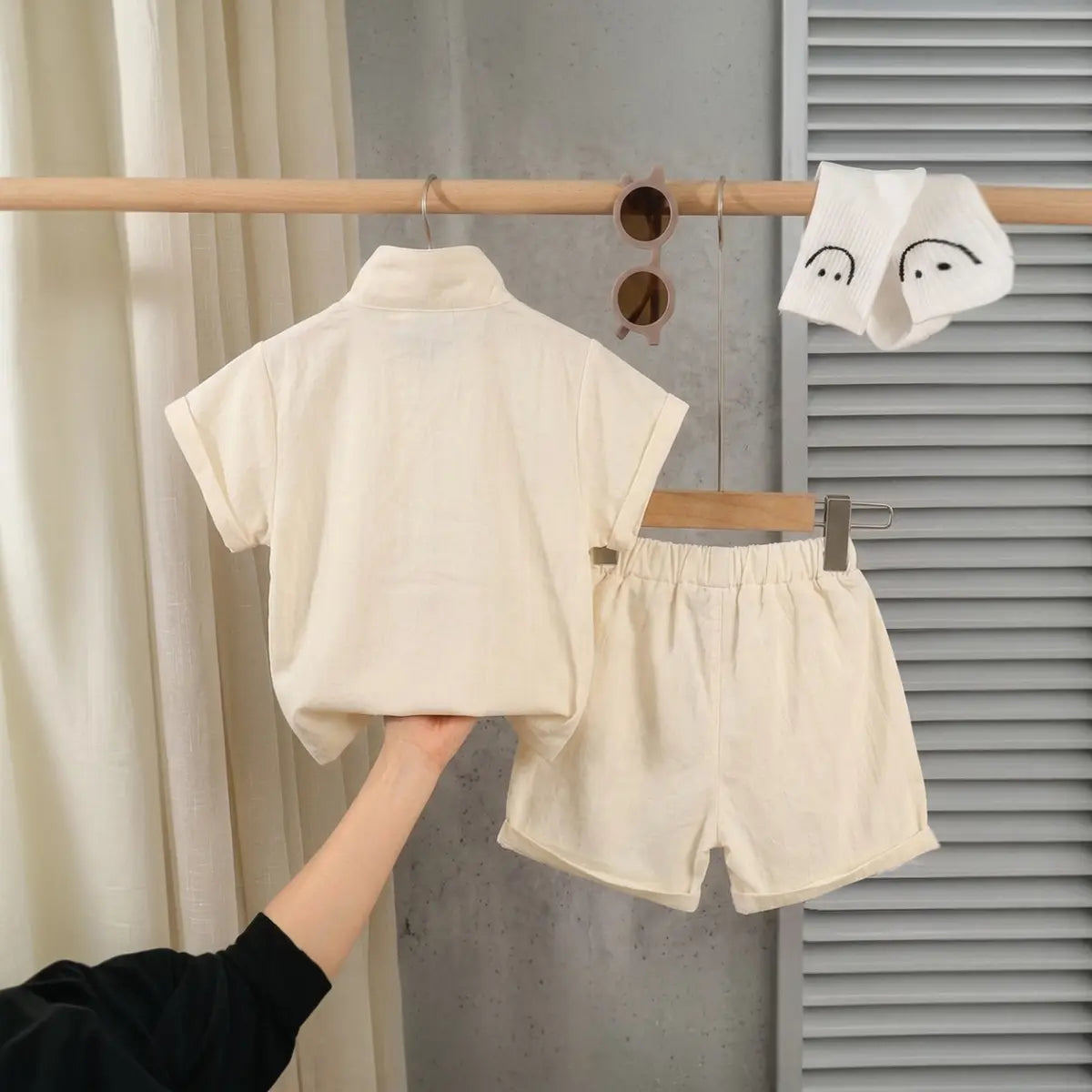 Boys Beige Typographic Printed Short Sleeve T-Shirt With Elasticated Shorts Sets