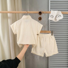 Boys Beige Typographic Printed Short Sleeve T-Shirt With Elasticated Shorts Sets