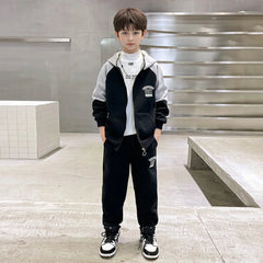 Boys Black Alphanumeric Printed Hooded Zipper Jacket With Jogger Sets