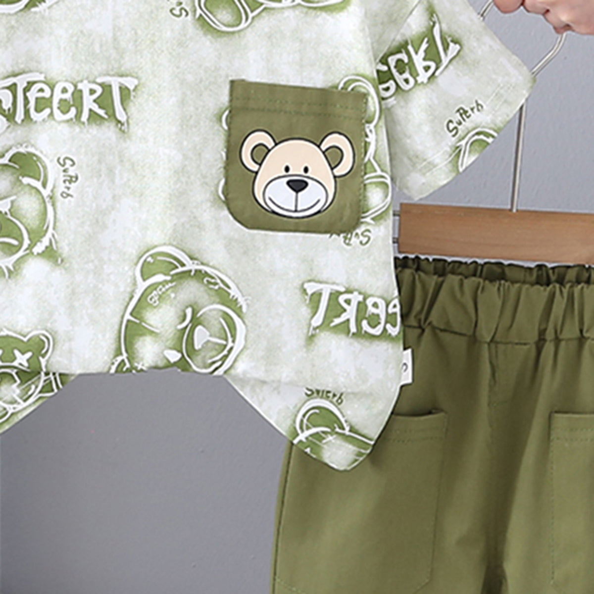 Boys Bear Printed Short Sleeves T-Shirt With Green Shorts Set