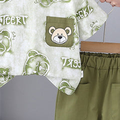 Boys Bear Printed Short Sleeves T-Shirt With Green Shorts Set