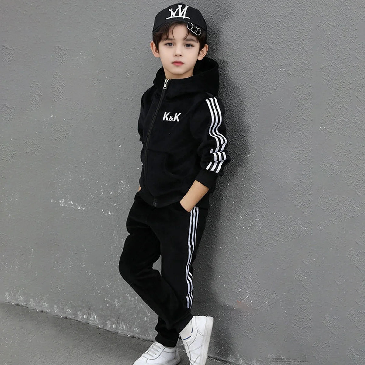 Boys Black Three Side Stripes Hooded Zip-up Jacket With Jogger Sets