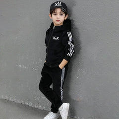 Boys Black Three Side Stripes Hooded Zip-up Jacket With Jogger Sets