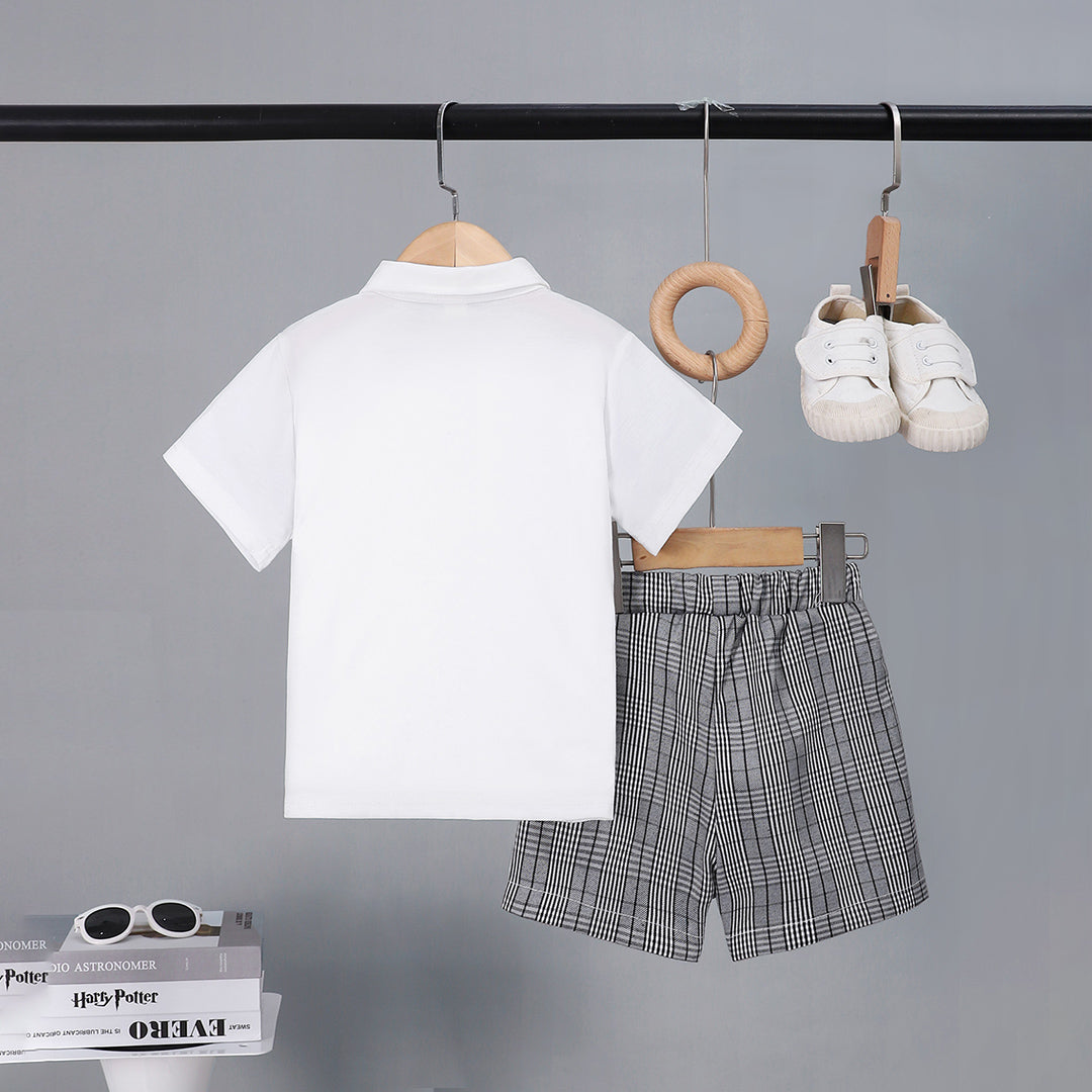 Boys Black Check Waist Coat With Polo T-Shirt And Shorts Set