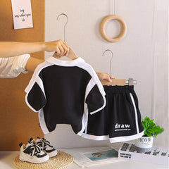 Boys Black Typographic Printed Polo T-Shirt With Shorts Co-ord Sets