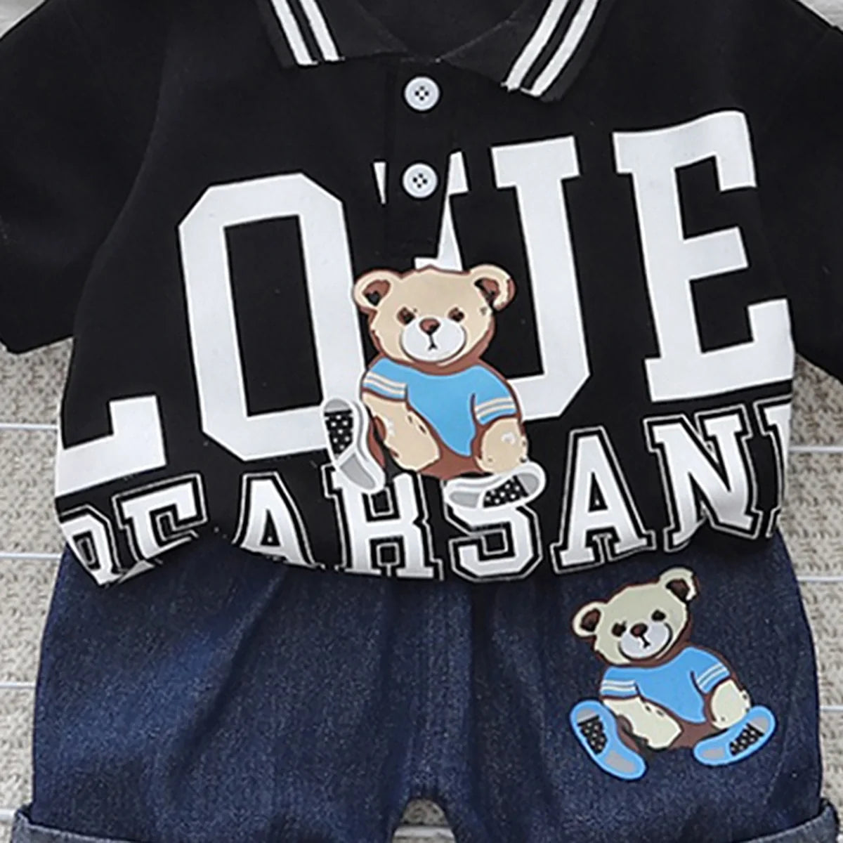 Boys Black Bear Printed Polo Polo T-Shirt With Denim Shorts Sets