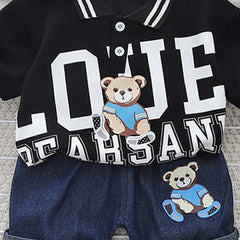 Boys Black Bear Printed Polo Polo T-Shirt With Denim Shorts Sets