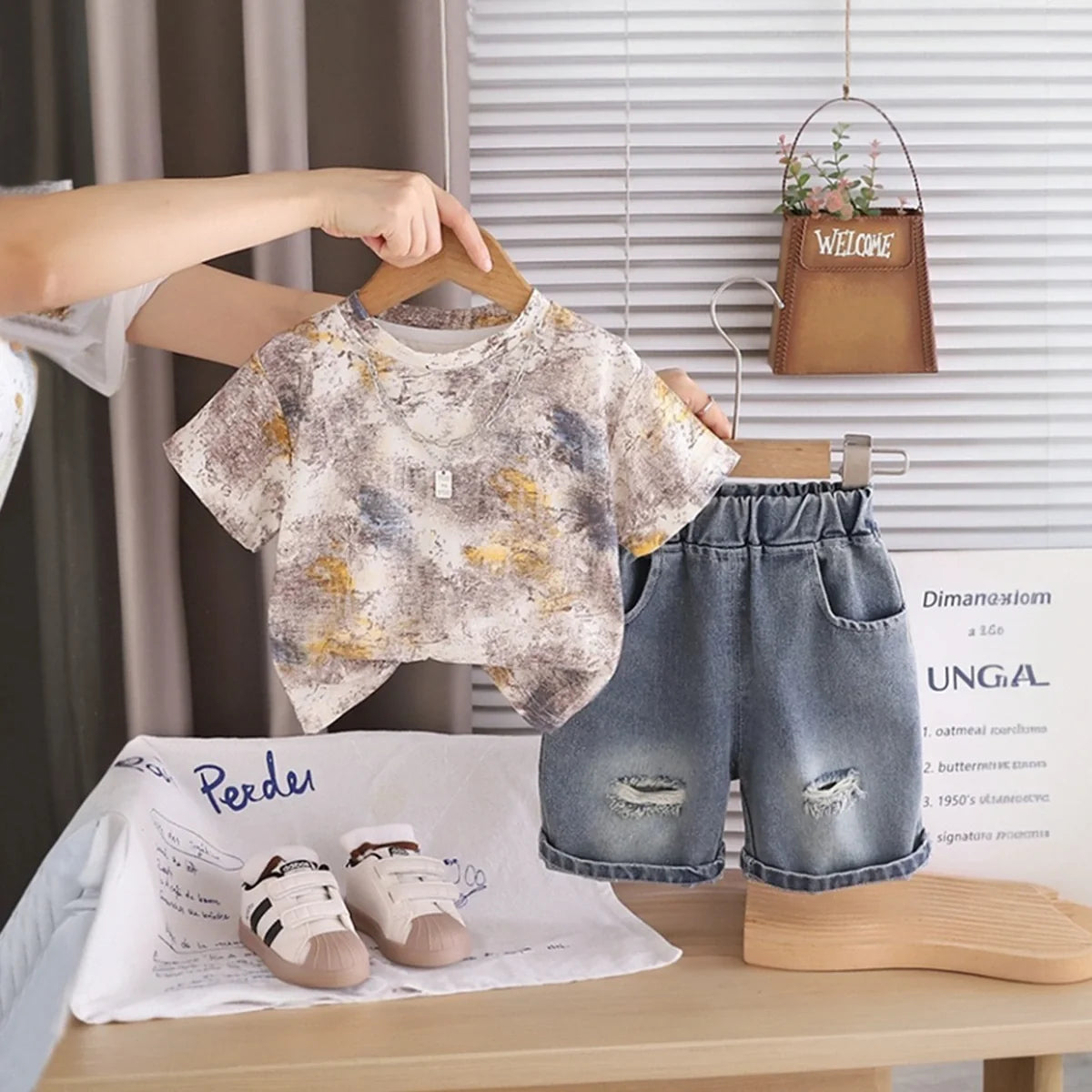 Boys Beige Abstract Printed Short Sleeve T-Shirt with Distressed Denim Shorts Sets