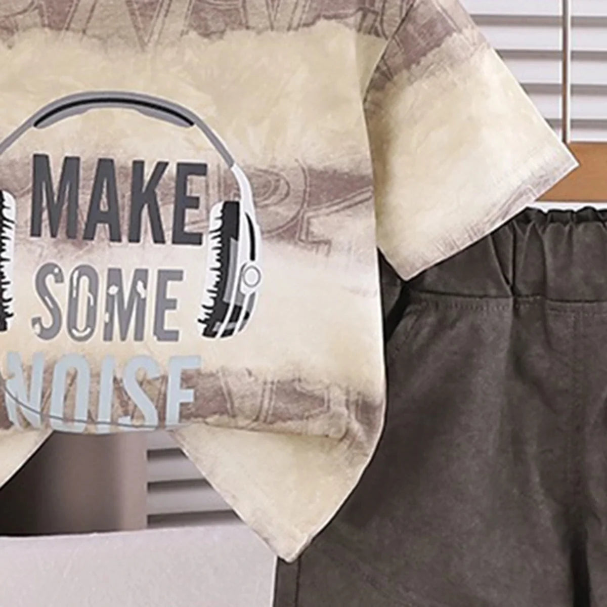 Boys Beige Headphone Graphic Printed Short Sleeve T-Shirt With Shorts Sets
