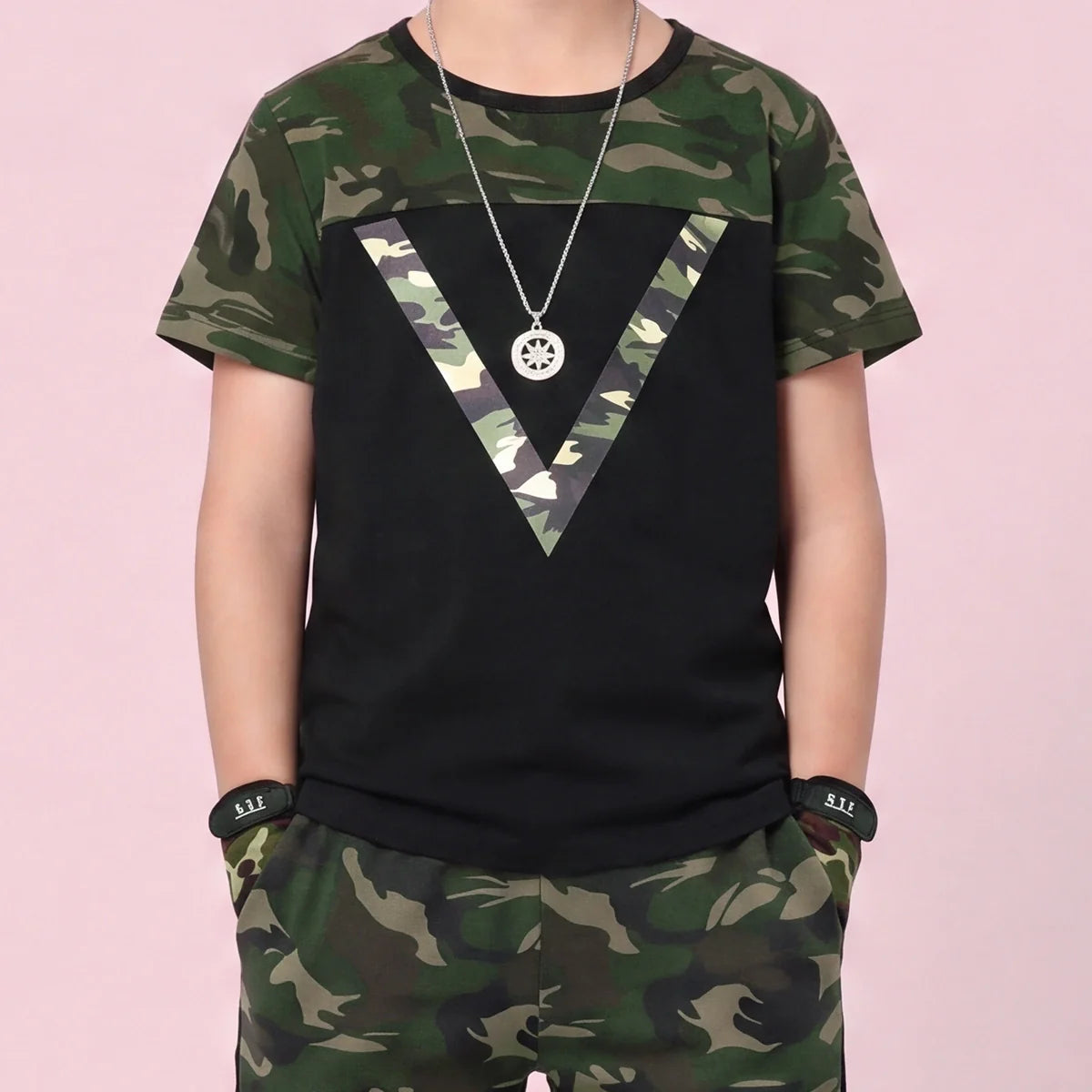 Boys Black Camouflage Print Short Sleeve T-Shirt With Pants Sets