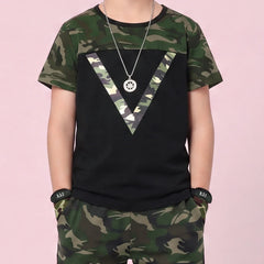 Boys Black Camouflage Print Short Sleeve T-Shirt With Pants Sets