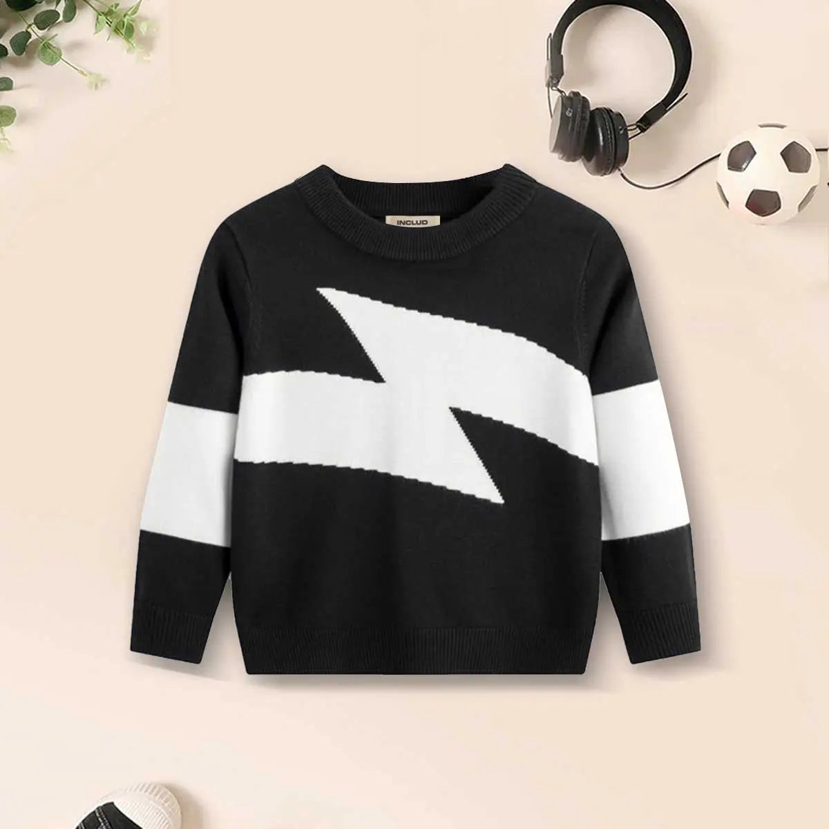 Boys Black Sweater With Self-Design Lightning Patterns