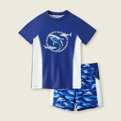Boys Blue Fish Printed Short Sleeves T-Shirt & Shorts Swimsuit Sets