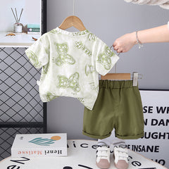 Boys Bear Printed Short Sleeves T-Shirt With Green Shorts Set