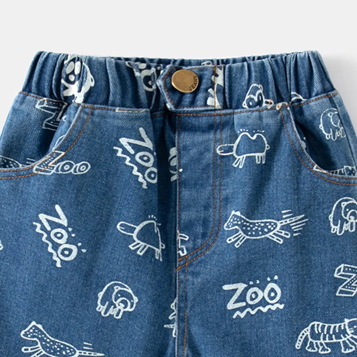 Boys Blue Animal Cartoon Printed Denim Shorts