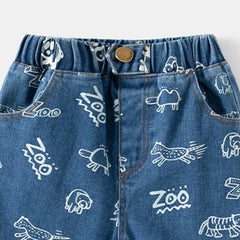 Boys Blue Animal Cartoon Printed Denim Shorts