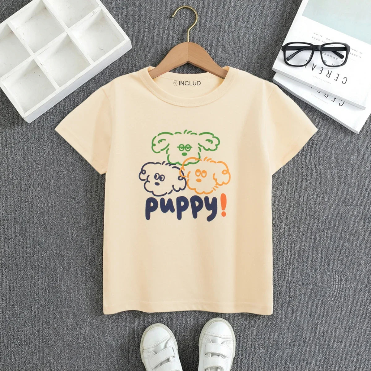 Boys Beige Puppy Print Short Sleeve T-Shirt